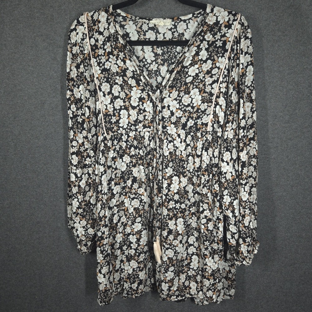 Promesa Womens Boho Floral Tunic Dress Black White Beige Long Sleeve Peasant Top